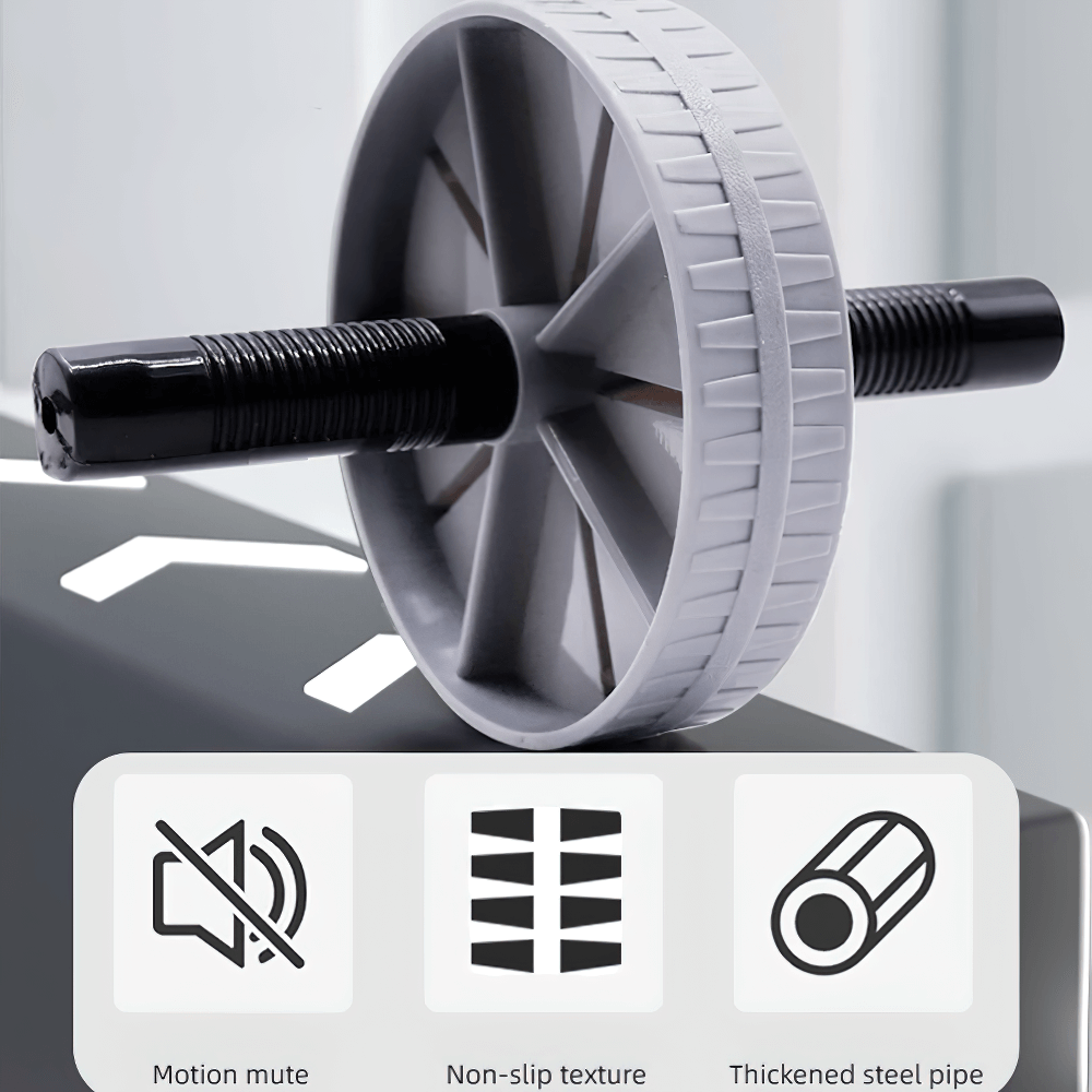 Silent non-slip ab wheel roller SF3220 with strong load-bearing, perfect for core and muscle training at home, showing features icons.